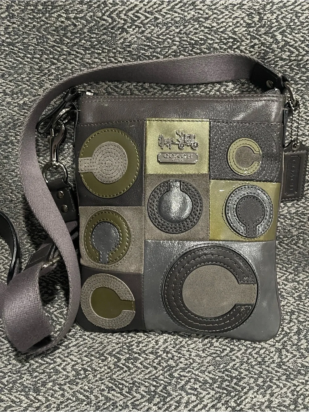 Coach Rare Mia Inlaid Leather & Sued Patchwork Messenger Bag in Olive and Gray